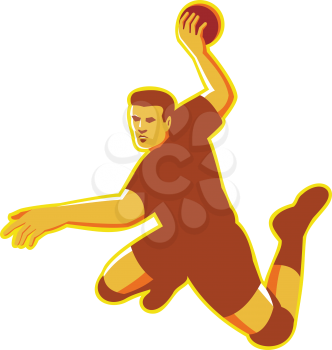 vector illustration of a hand ball player with ball  jumping throwing scoring done in retro style on isolated white background.