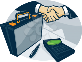 Illustration of two businessmen in business deal handshake with briefcase pen and calculator done in retro style.