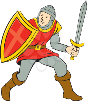Illustration of knight in full armor standing with sword and shield set on isolated white background done in cartoon style.