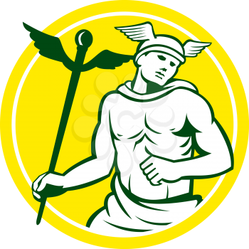Illustration of Roman god Mercury patron god of financial gain, commerce, communication and travelers wearing winged hat and holding caduceus a herald's staff looking to the side viewed from front, se