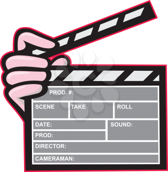 Illustration of a hand holding movie clapboard facing front set on isolated white background done in cartoon style. 