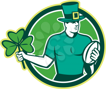 Illustration of an Irish rugby player wearing top hat running with the ball holding shamrock clover leaf set inside circle done in retro style.
