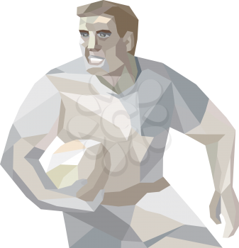 Low polygon illustration of a rugby player with ball running set inside shield crest nonagon shape on isolated background.