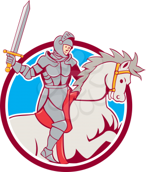 Illustration of knight in full armor riding horse steed with sword set inside circle on isolated background done in cartoon style.