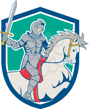 Illustration of knight in full armor riding horse steed with sword facing side set inside shield crest on isolated background done in cartoon style.