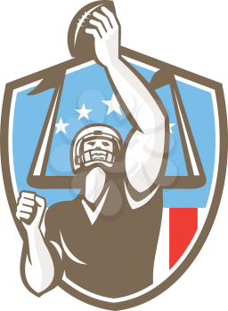 Illustration of an american football gridiron receiver player with ball scoring touchdown with goal post an usa stars and stripes in the background set inside shield crest done in retro style