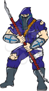 Cartoon style illustration of a masked ninja warrior superhero holding a spear viewed from front on isolated white background.