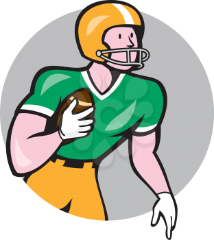 Illustration of an american football gridiron player holding ball rusher running looking to the side set inside circle on isolated background done in cartoon style. 