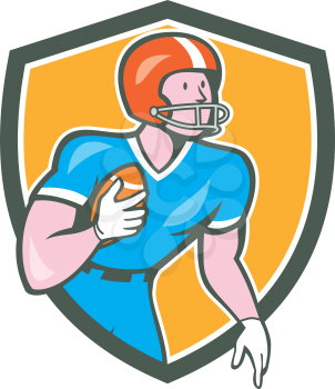 Illustration of an american football gridiron player holding ball rusher running looking to the side set inside shield crest on isolated background done in cartoon style. 