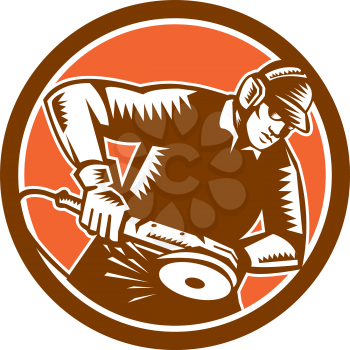 Illustration of a skilled metal worker metalworker operating or holding a grinder viewed from front set inside circle done in retro woodcut style