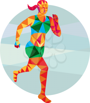 Low polygon style illustration of female marathon triathlete runner running facing front set inside circle on isolated background.