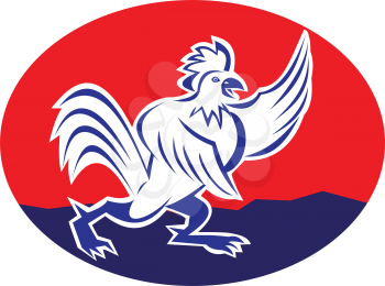 vector illustration of a cartoon rooster cock chicken pointing wing set inside ellipse