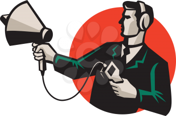vector illustration of technician engineer pointing a sonar radar ultrasound sonic equipment set inside circle done in retro style.