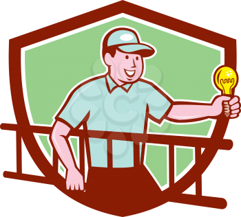 Illustration of an electrician worker carrying ladder on one hand and holding a light bulb in the other hand facing side set inside shield crest on isolated background done in cartoon style.