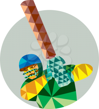 Low polygon style illustration of a cricket player batsman with bat batting set inside circle.