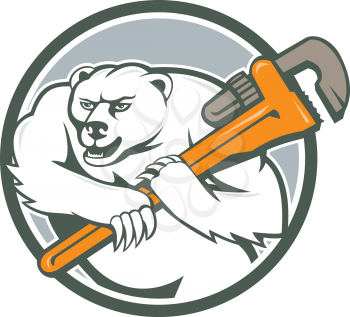 Cartoon style illustration of a polar bear plumber holding monkey wrench on shoulder set inside circle on isolated background.