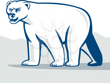 Cartoon style illustration of a polar bear walking viewed from the side set on isolated white background.