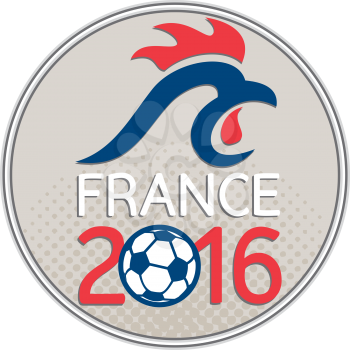 Illustration of a French rooster cockerel and soccer football ball set inside circle with half-tone dots with words France 2016 signifying the Europe football cup championships.