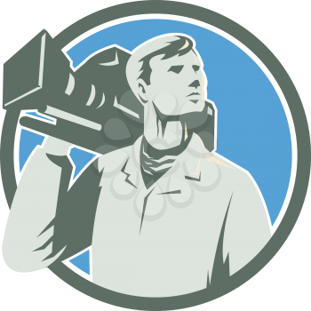 Illustration of a cameraman holding a vintage movie video camera on shoulder looking to the side set inside circle on isolated background done in retro style.