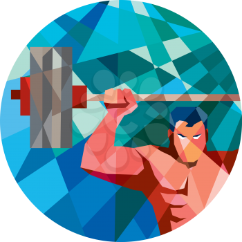 Low polygon style illustration of a weightlifter snatching grabbing lifting barbell with facing front set inside circle shape.