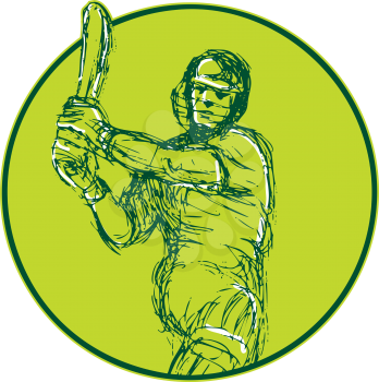 Drawing illustration of a cricket player batsman with bat batting viewed from front set inside circle on isolated background. 