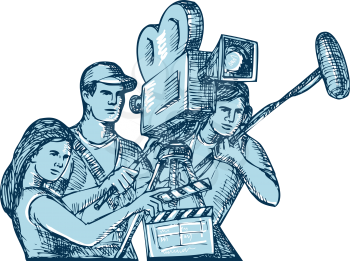 Drawing style illustration of a film crew cameraman soundman with clapperboard, microphone, video film camera filming set on isolated white background. 