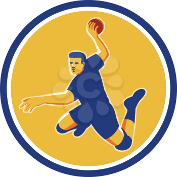 Illustration of a handball player striking jumping throwing ball viewed from front set inside circle on isolated background done in retro style. 