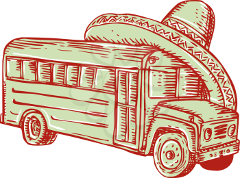 Etching engraving handmade style illustration of a school bus with sombrero on top of it set on isolated white background. 