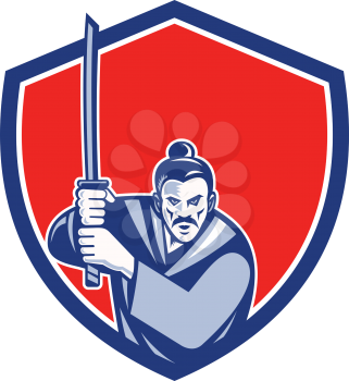 Illustration of a Samurai warrior with katana sword in fighting stance viewed from front set inside shield crest done in retro style on isolated background.