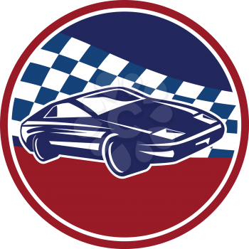 Illustration of a sports car racing set inside circle with chequered racing flag in the background done in retro style. 