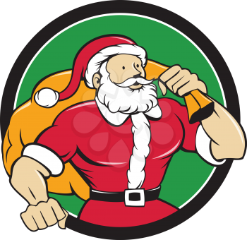 Cartoon style illustration of a muscular super santa claus saint nicholas father christmas  carrying sack over shoulder looking to the side set inside circle on isolated background. 