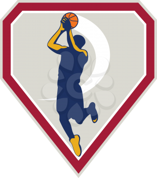 Illustration of a basketball player jump shot jumper shooting jumping set inside shield crest on isolated background done in retro style. 