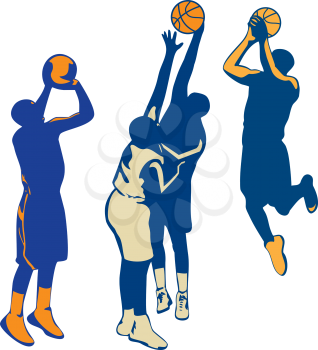 Collection or set of illustrations of basketball player dunking, shooting and rebounding ball done in retro style on isolated background.