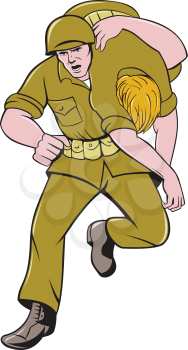 Cartoon style illustration of a World War two American soldier serviceman carrying wounded comrade on shoulder viewed from front side on isolated white background  done in cartoon style.