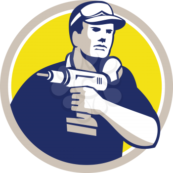 Illustration of a handyman holding cordless power drill set inside circle on isolated on background done in retro style.