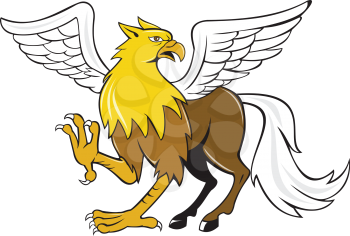 Illustration of a hippogriff or hippogryph, legendary creature with front quarters of an eagle and the hind quarters of a horse on isolated background done in cartoon style.