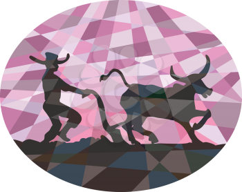 Low polygon style illustration of southeast asian farmer and water buffalo plowing field viewed from side set inside oval shape. 