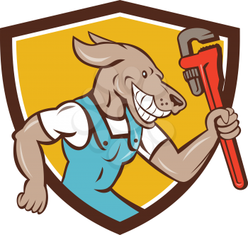 Illustration of a dog plumber holding monkey wrench running viewed from the side set inside shield crest on isolated background done in cartoon style.