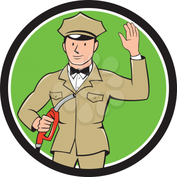 Illustration of fuel jockey gasoline attendant worker holding fuel pump nozzle waving hello viewed from the front  set inside circle on isolated background done in cartoon style.