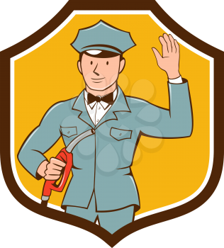 Illustration of fuel jockey gasoline attendant worker holding fuel pump nozzle waving hello viewed from the front  set inside shield crest on isolated background done in cartoon style.