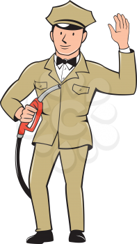 Illustration of fuel jockey gasoline attendant worker holding fuel pump nozzle waving hello viewed from the front  set inside on isolated white background done in cartoon style.