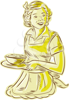 Etching engraving handmade style illustration of a vintage homemaker housewife wearing apron serving bowl of food viewed from front set on isolated white background. 