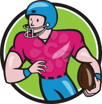 Illustration of an american football gridiron wide receiver player running with ball looking to the side viewed from font set inside circle on isolated background done in cartoon style.
