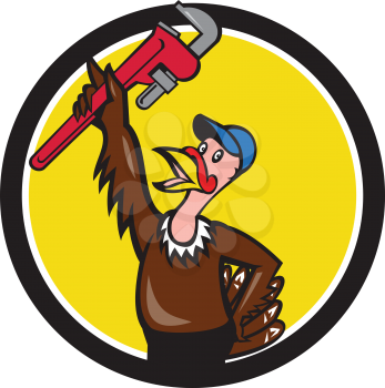 Illustration of a turkey plumber looking up raising monkey adjustable wrench set inside circle on isolated background done in cartoon style. 