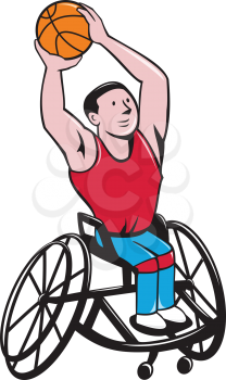 Illustration of a wheelchair basketball player shooting ball viewed from front set on isolated white background done in cartoon style. 