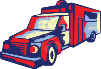 Illustration of an ambulance emergency vehicle viewed from front on isolated background done in retro style.