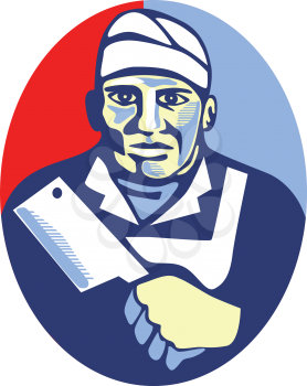 Retro style illustration of a butcher cutter worker holding meat cleaver knife facing front set inside oval shape done in retro style. 
