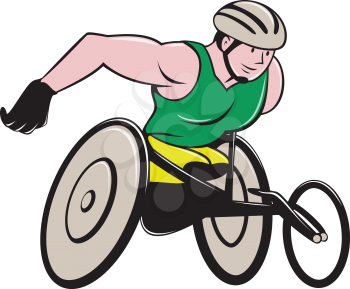 Illustration of a wheelchair racer racing on track and road viewed from side on isolated background done in cartoon style.