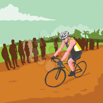 WPA style illustration of a male cyclist riding bicycle racing cycling biking with people crowd in the background done in retro style. 