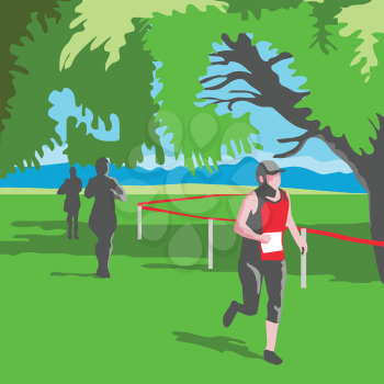 WPA style illustration of a marathon runner running with trees and other runners in the background done in retro style. 
